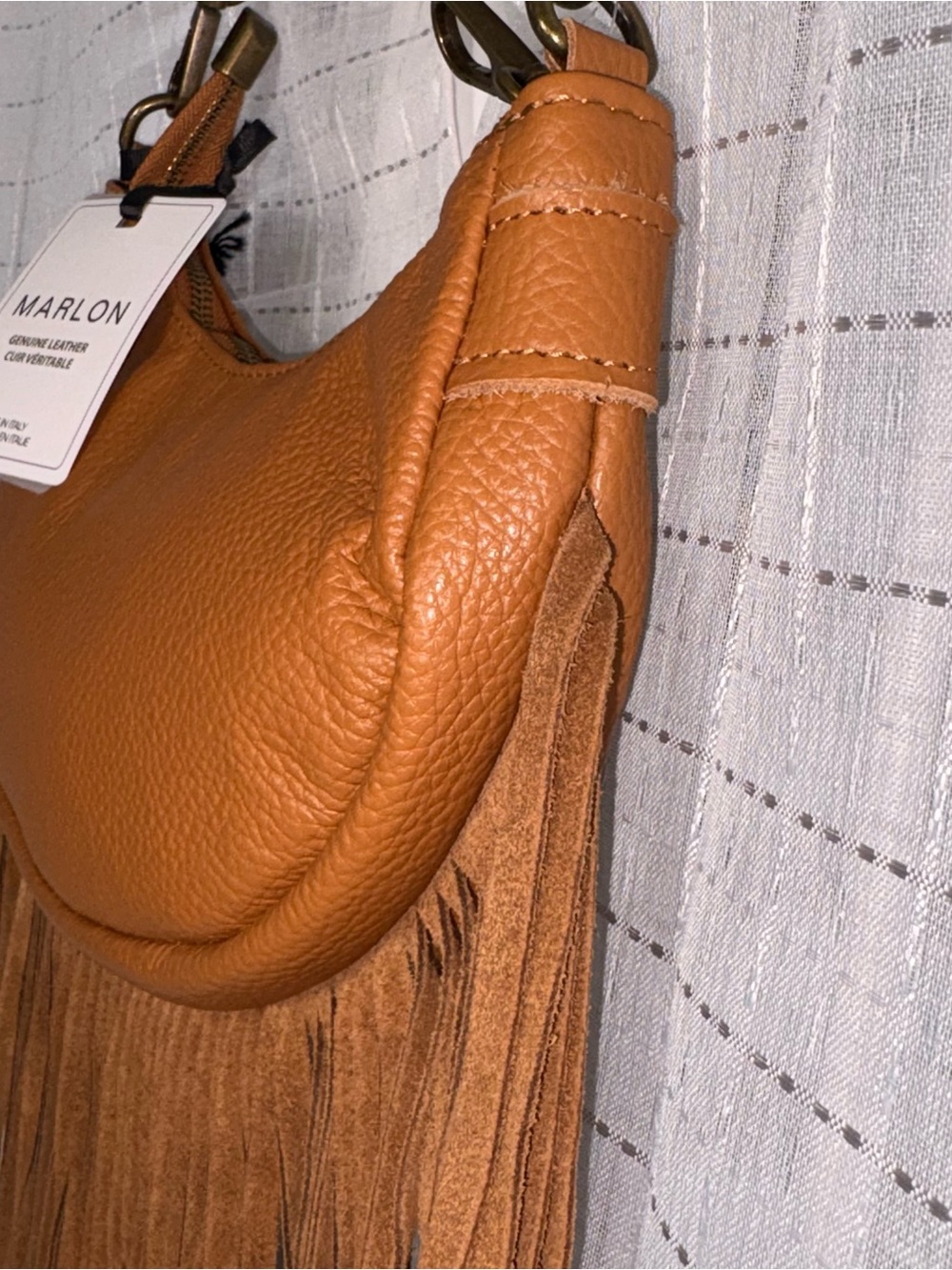 NWT Marlon Italy Leather Fringe Hobo Crossbody Bag Camel Brown Boho - Picture 5 of 14